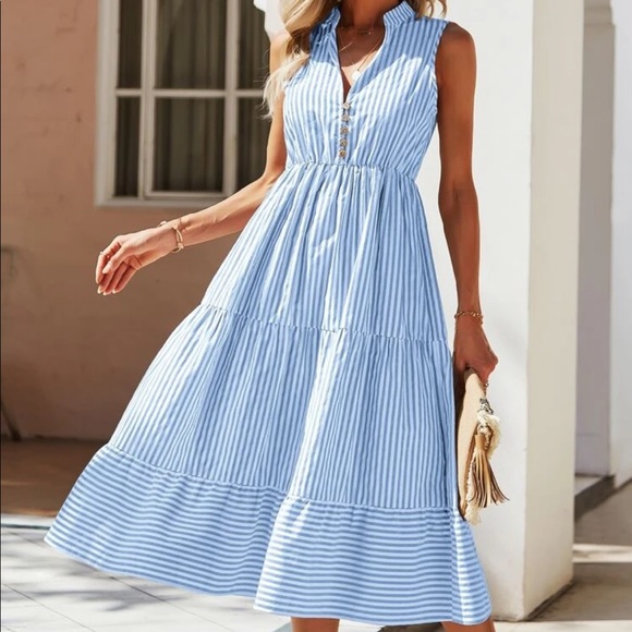 Boho striped notched neck button detail dress - Picture 4 of 16